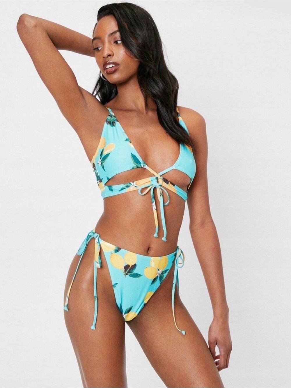 Nasty Gal Lemon Print Bikini Set 🍋 Aqua Blue Tie Side Swimsuit | Size US 6